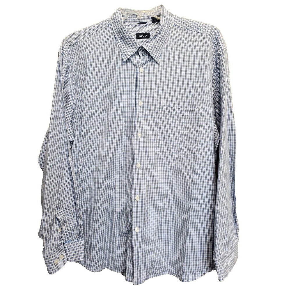 Izod Men's 100% Cotton Blue Plaid Long Sleeve Button-Up Shirt Size XL